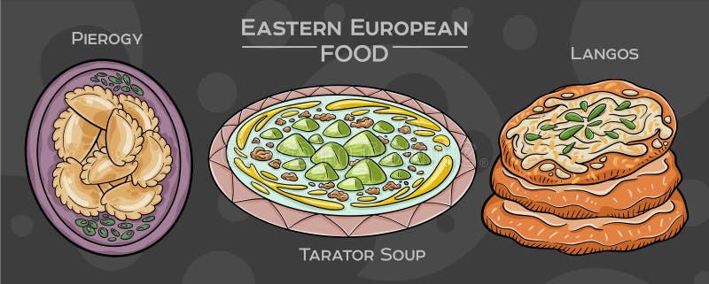 Tradycyjna Kuchnia Wschodnioeuropejska : Ręczny zestaw wektorów popularnych potraw na ciemnym tle ilustracja wektor