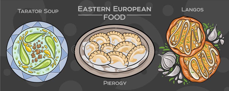 Tradycyjna Kuchnia Wschodnioeuropejska : Ręczny zestaw wektorów popularnych potraw na ciemnym tle ilustracji