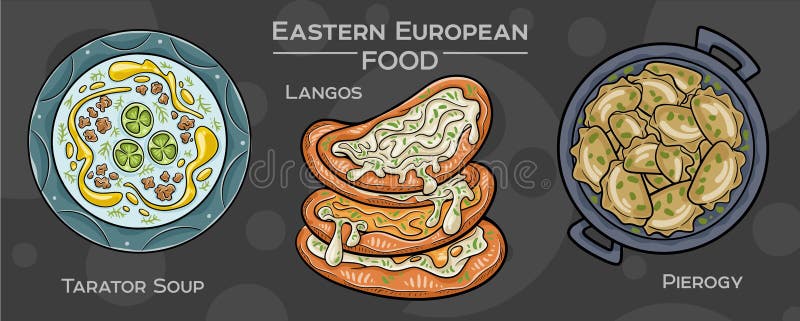 Tradycyjna Kuchnia Wschodnioeuropejska : Ręczny zestaw wektorów popularnych potraw na ciemnym tle ilustracji