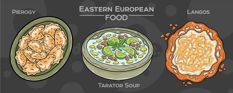 Tradycyjna Kuchnia Wschodnioeuropejska : Ręczny zestaw wektorów popularnych potraw na ciemnym tle ilustracji