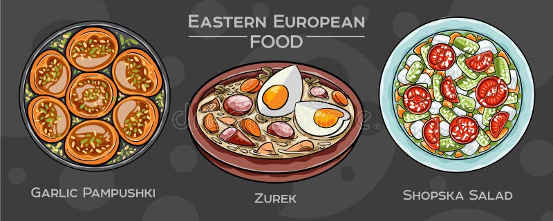 Tradycyjna Kuchnia Wschodnioeuropejska : Ręczny zestaw wektorów popularnych potraw na ciemnym tle ilustracja wektor