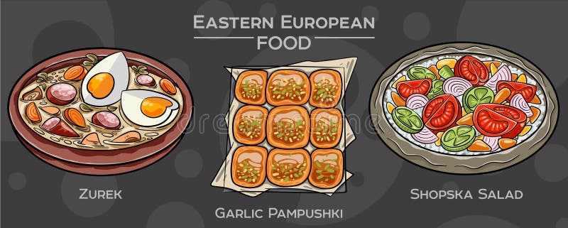 Tradycyjna Kuchnia Wschodnioeuropejska : Ręczny zestaw wektorów popularnych potraw na ciemnym tle ilustracja wektor