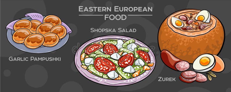Tradycyjna Kuchnia Wschodnioeuropejska : Ręczny zestaw wektorów popularnych potraw na ciemnym tle ilustracji