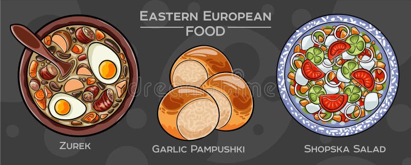Tradycyjna Kuchnia Wschodnioeuropejska : Ręczny zestaw wektorów popularnych potraw na ciemnym tle royalty ilustracja