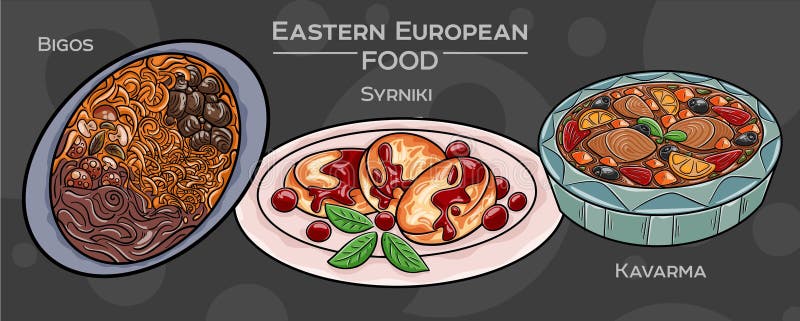 Tradycyjna Kuchnia Wschodnioeuropejska : Ręczny zestaw wektorów popularnych potraw na ciemnym tle ilustracja wektor