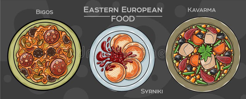 Tradycyjna Kuchnia Wschodnioeuropejska : Ręczny zestaw wektorów popularnych potraw na ciemnym tle ilustracji