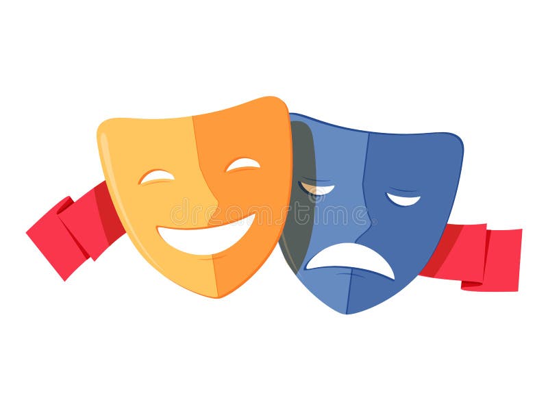 Tradycyjne teatru symbolu, komedii i tragadiego maski z czerwonym faborkiem, Żółta szczęśliwa i błękitna smutna maskowa ikona royalty ilustracja Tradycyjne teatru symbolu, komedii i tragadiego maski z czerwonym faborkiem, Żółta szczęśliwa i błękitna smutna maskowa ikona royalty ilustracja
