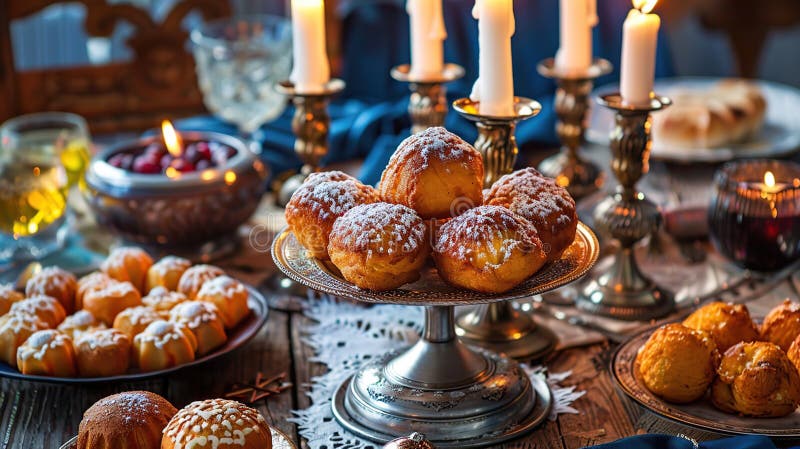 Tradycyjne ustawienie stołu hanukkah z latkes i sufganiyot royalty ilustracja