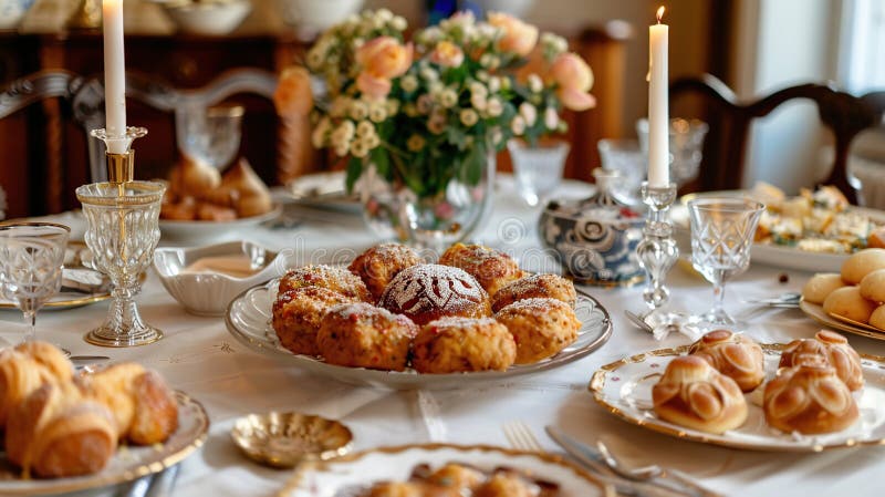 Tradycyjne ustawienie stołu hanukkah z latkes i sufganiyot royalty ilustracja