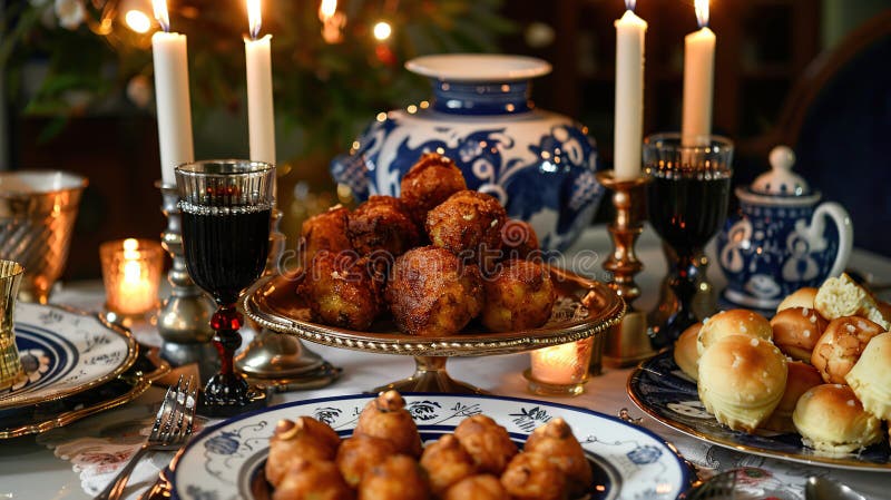 Tradycyjne ustawienie stołu hanukkah z latkes i sufganiyot royalty ilustracja