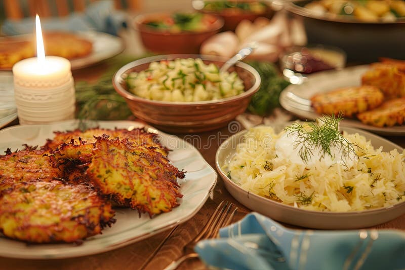 Tradycyjne Święto Chanuka z Łukami i Sour Cream AI Image ilustracja wektor