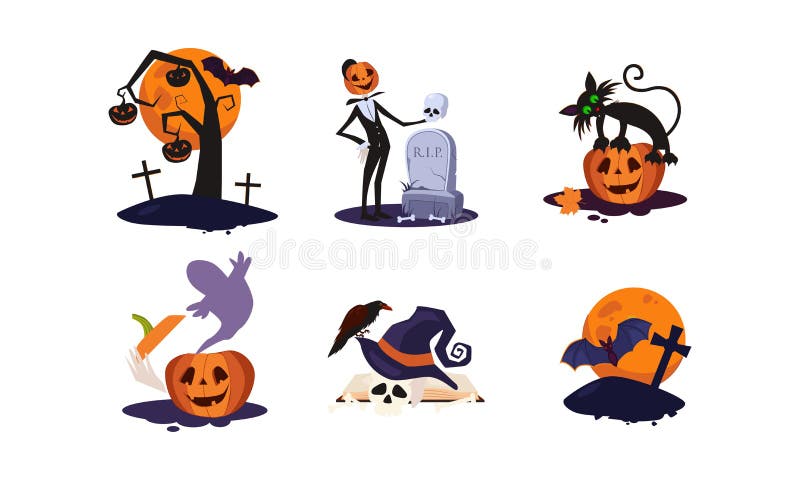 Tradycyjni projektów elementy Halloween set, straszny drzewo, bania, księżyc, grób z nagrobkiem, duch, czaszka, z kapeluszem ilustracja wektor Tradycyjni projektów elementy Halloween set, straszny drzewo, bania, księżyc, grób z nagrobkiem, duch, czaszka, z kapeluszem ilustracja wektor