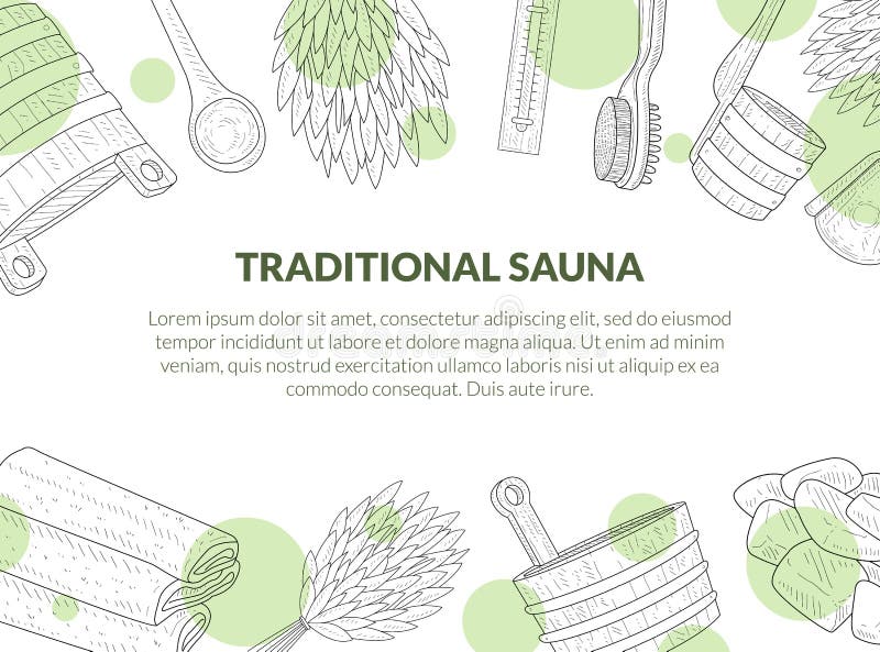 Tradycyjny Sauna plakat, sztandar z miejscem dla teksta i ręki Rysujący Kąpielowi akcesoria, brzozy miotła, wiadro, ręcznik, muśn ilustracji Tradycyjny Sauna plakat, sztandar z miejscem dla teksta i ręki Rysujący Kąpielowi akcesoria, brzozy miotła, wiadro, ręcznik, muśn ilustracji