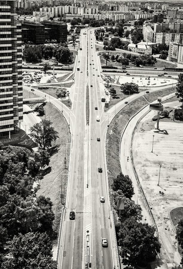Traffic in the city, urban scene, black and white photo