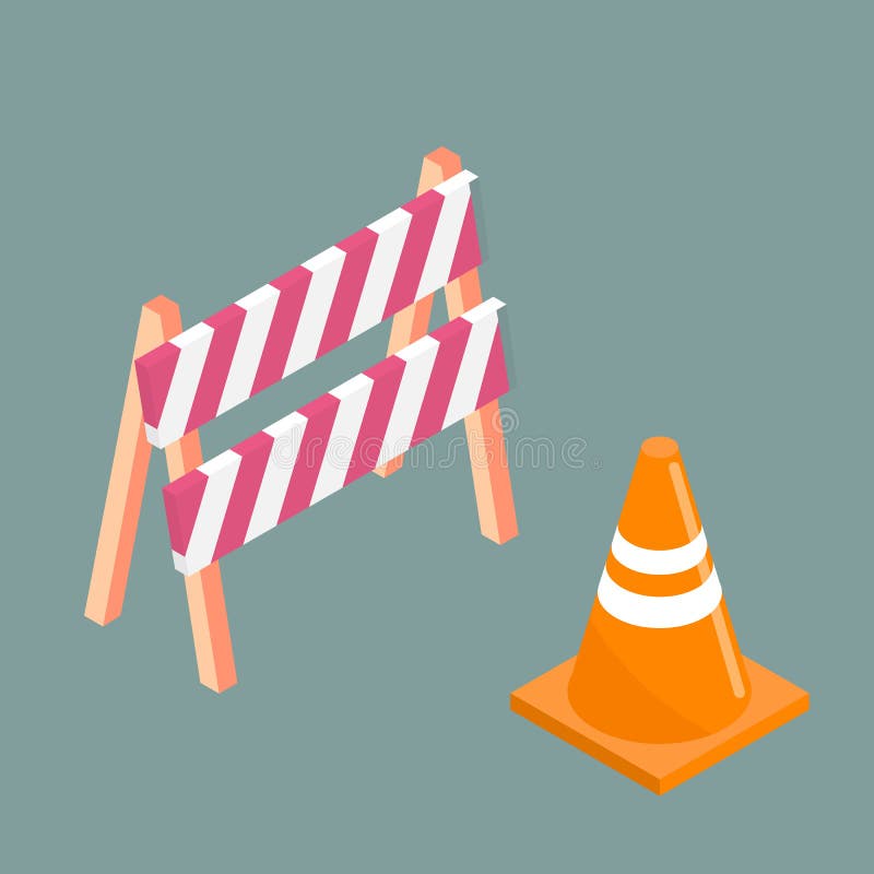 Traffic cone and barrier board. Vector isometric illustration. Sign for road repair vector illustration Traffic cone and barrier board. Vector isometric illustration. Sign for road repair vector illustration