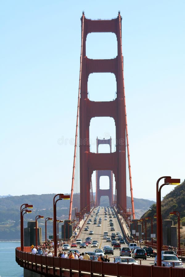 Frontal view of traffic on the Golden Gate Bridge in San Francisco. Red pylons stock images, royalty-free photos and pictures