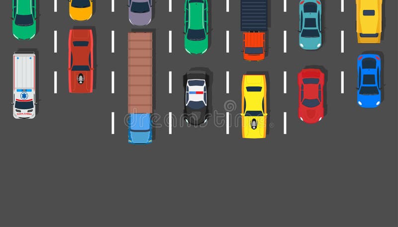 Traffic jam car top view vector illustration road. Lot street city aerial asphalt design highway. Transportation background travel stock illustration Traffic jam car top view vector illustration road. Lot street city aerial asphalt design highway. Transportation background travel stock illustration