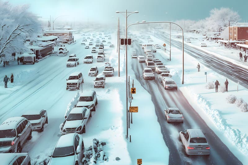 Traffic Jam in a Snow Storm. Neural Network AI Generated Stock