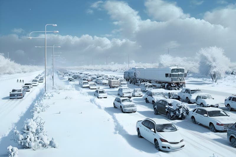 Traffic Jam in a Snow Storm. Neural Network AI Generated Stock