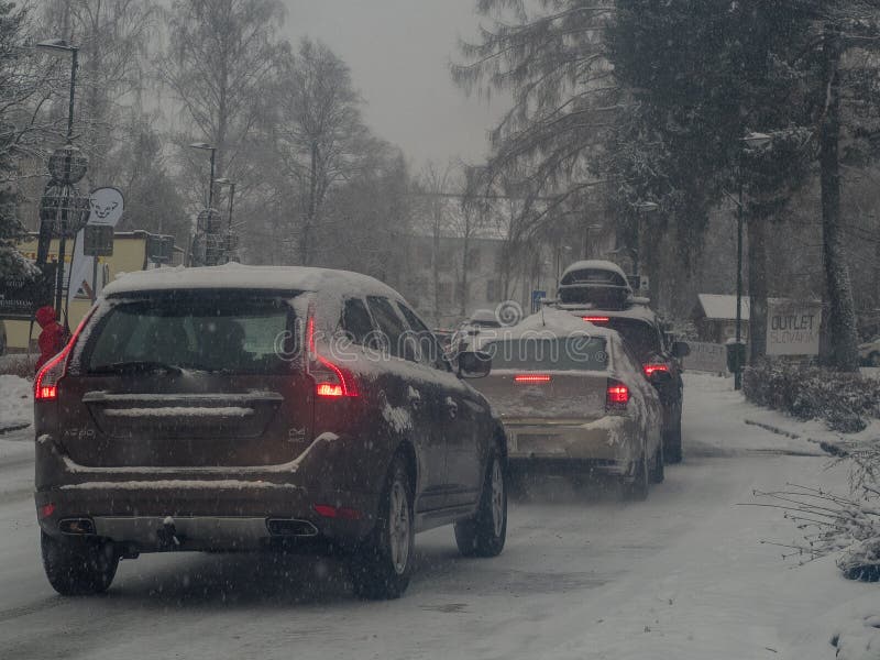 Traffic jam during winter snowing in Slovakia