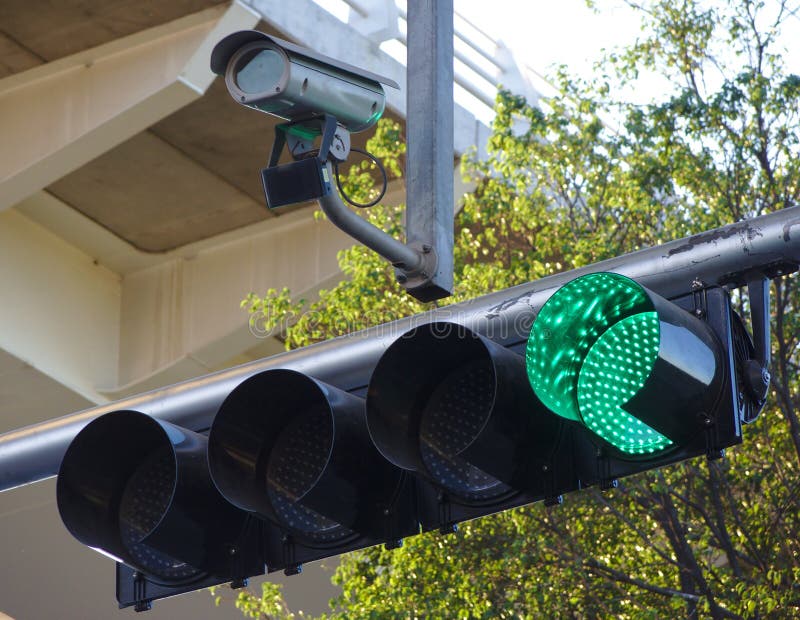 Traffic Light in Green with Security Cam Stock Photo Image of lamp