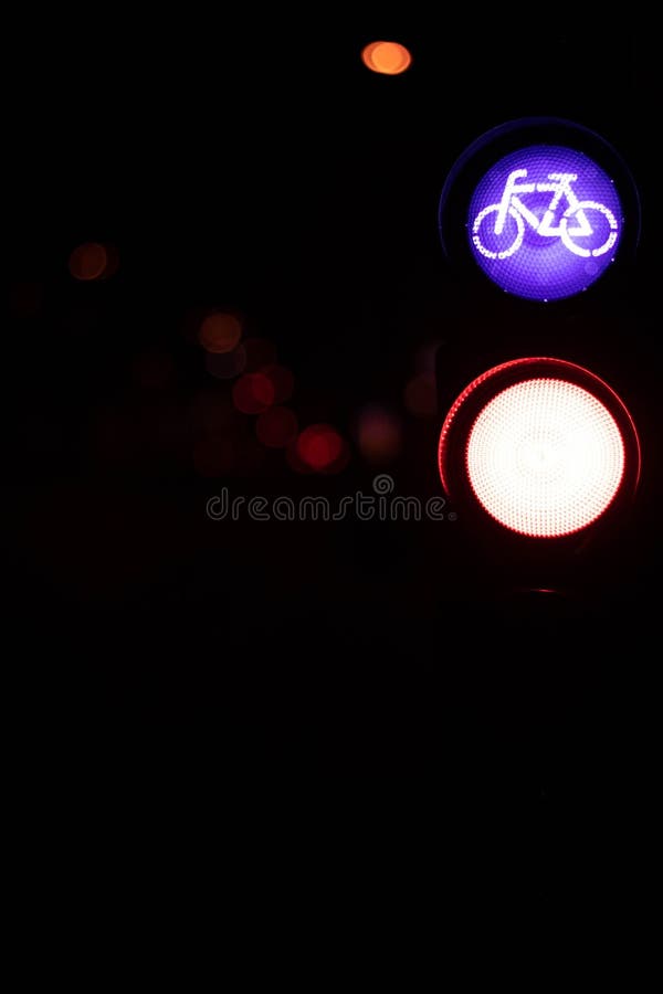 Traffic Light Signage for Bicycles during Nighttime Stock Photo Image