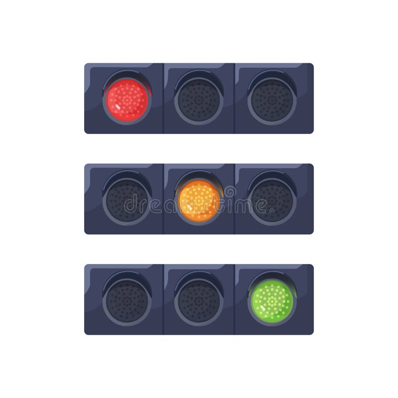 Traffic lights set with changing red, yellow, green signals on led lamps. Horizontal stoplights. Semaphore with signs