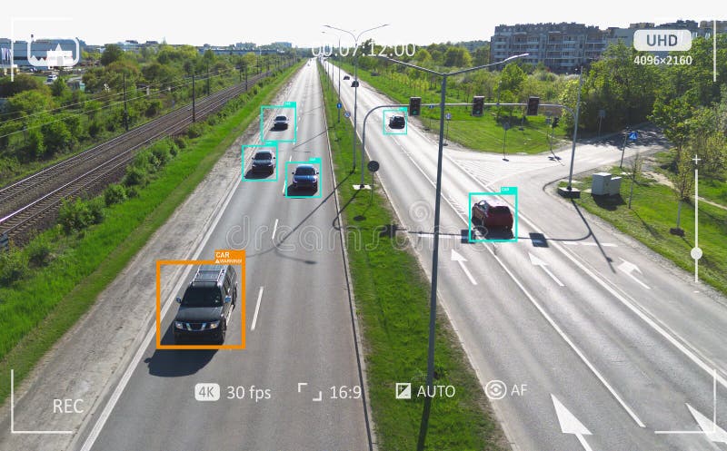 Traffic monitoring by AI, security system stock photography