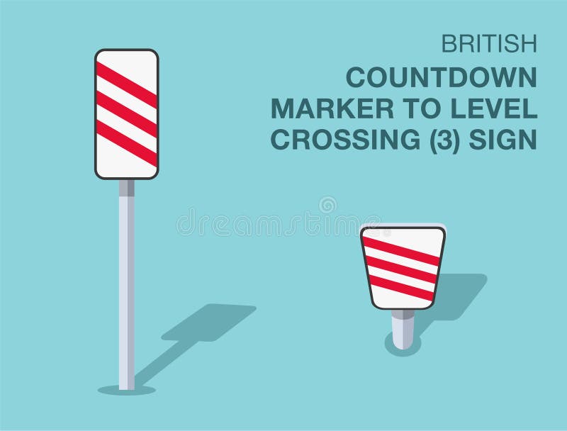 Isolated British \'countdown marker to level crossing, three lines\' road sign. Front and top view. stock illustration