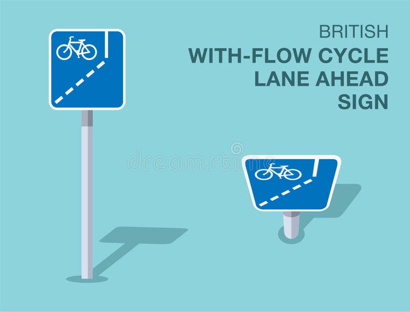 Isolated British with-flow cycle lane ahead sign. Front and top view. royalty free illustration