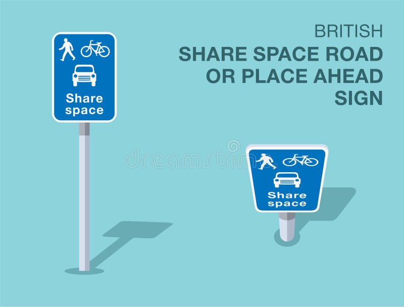 Isolated British \'share space road or place ahead\' road sign. Front and top view. stock illustration