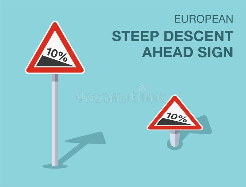 A warning Road sign,steep descent best displayed before a steep downgrade  that can be helpful to the drivers, isolated vector illustration