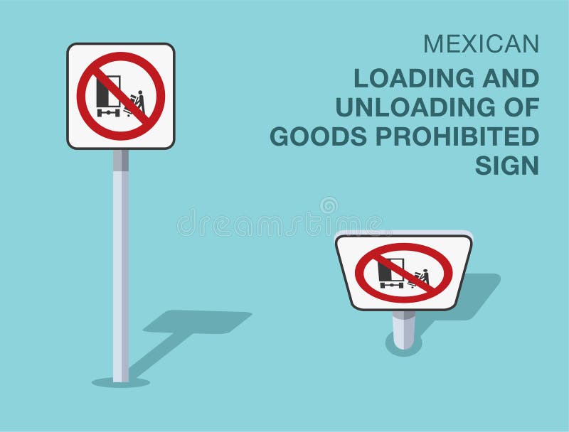 Isolated mexican \'loading and unloading of goods prohibited\' road sign. Front and top view. royalty free illustration