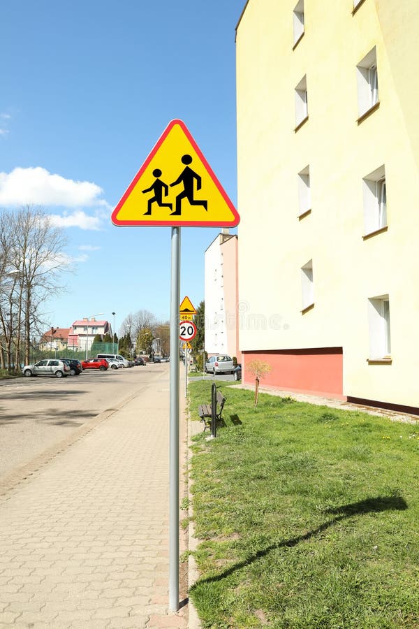 Traffic sign Children outdoors on sunny day royalty free stock photo