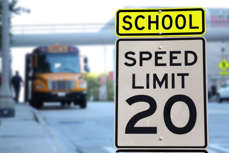 Traffic sign. School zone yellow warning board. Speed limit 20 royalty free stock images.