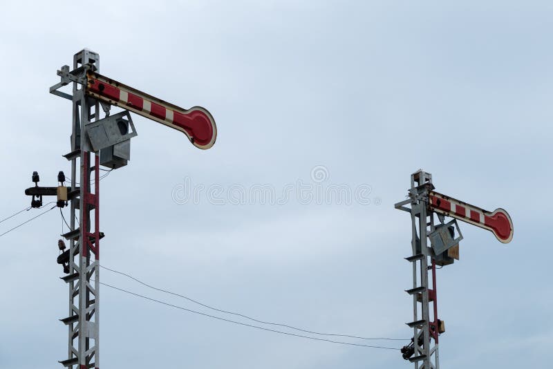 Traffic signal pole in the stop status of the railway traffic system in the local station,northern line of Thailand