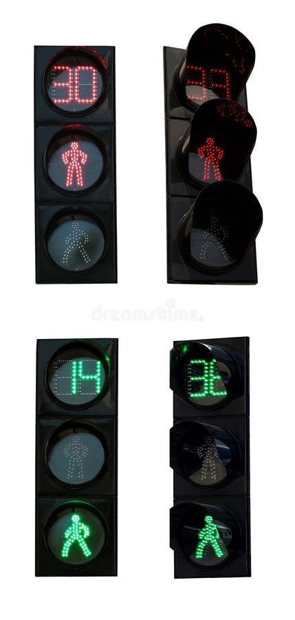 Traffic signals with timer and pedestrian signal on white background. Collage design