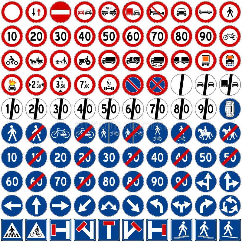 Set di 100 segnali stradali, tra cui il divieto e obbligo di segni, isolato su sfondo bianco.