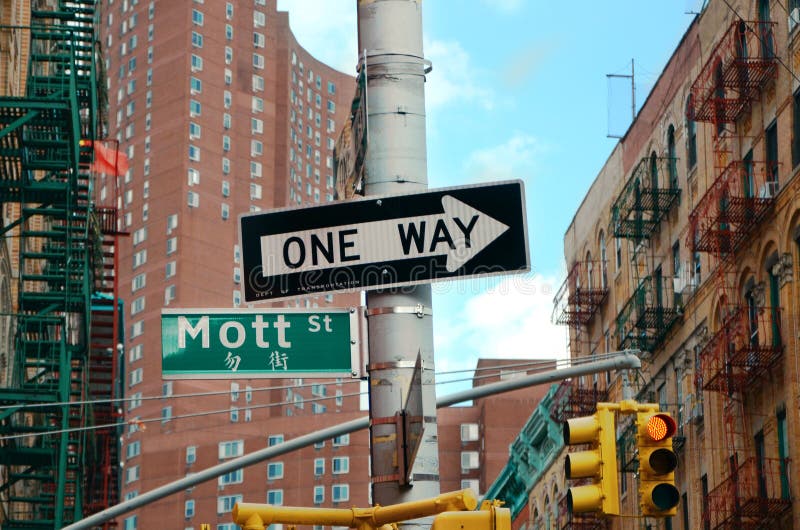 One Way And Mott Street Signs Stock Photo - Image of street, lights ... One Way Street Signs