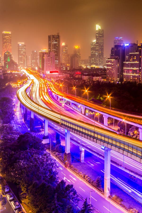 Traffic Tracks in the Downtown Area of Shanghai at Night Stock Image ...