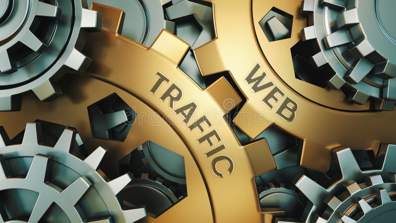 Traffico di web - concetto L'iscrizione sulle ruote dentate dorate Nei precedenti è un meccanismo del motore o dell'orologio 3d rendono