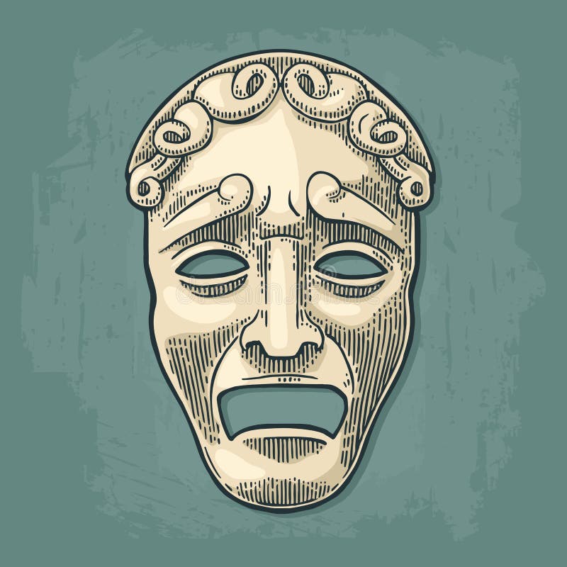 Tragedy theater mask . Vector engraving vintage black illustration. Tragedy theater mask . Vector engraving vintage black and beige illustration. Isolated on royalty free illustration Tragedy theater mask . Vector engraving vintage black illustration. Tragedy theater mask . Vector engraving vintage black and beige illustration. Isolated on royalty free illustration