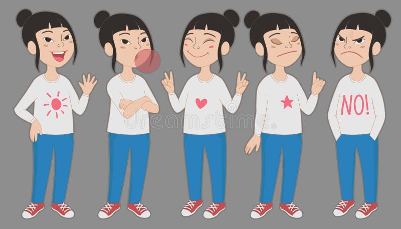 Set of different standing poses and facial expressions. Cartoon style kid illustration isolated on background. Set of different standing poses and facial expressions. Cartoon style kid illustration isolated on background