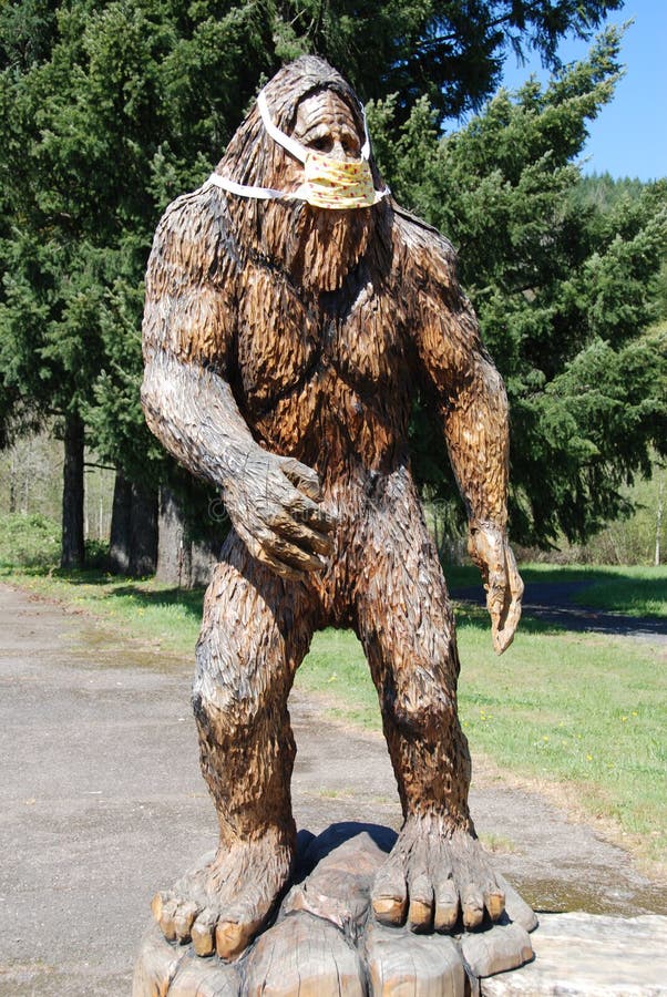 Wooden statue of bigfoot in Mill City, Oregon wearing a cloth mask while out in public to prevent the spread of Coronavirus. Wooden statue of bigfoot in Mill City, Oregon wearing a cloth mask while out in public to prevent the spread of Coronavirus.