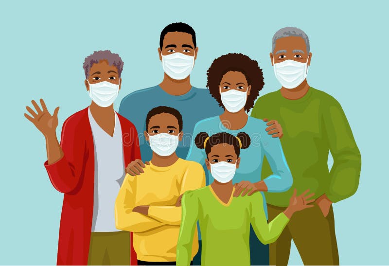 Tragen Medizinmasken der großen Afroamerikanerfamilie