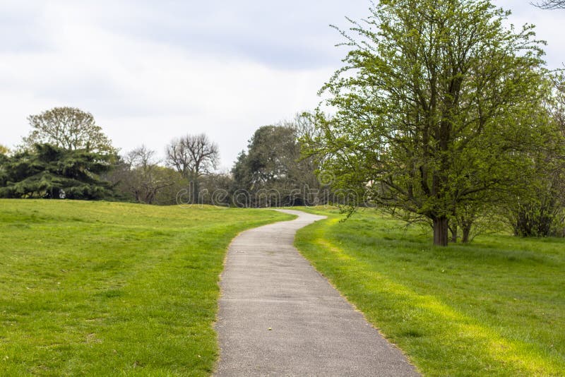 The Trail in Greenwich Park, Path among Green Meadows and Trees Stock