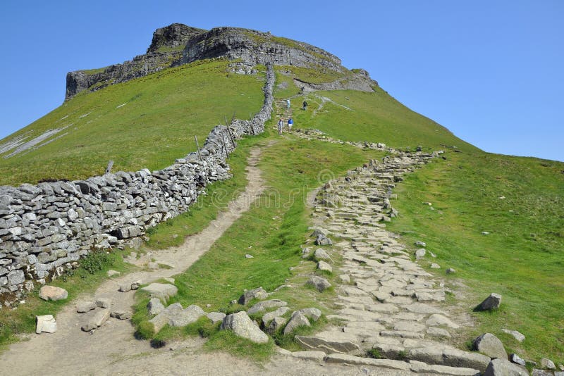 Trail on hill slope under clear blue sky