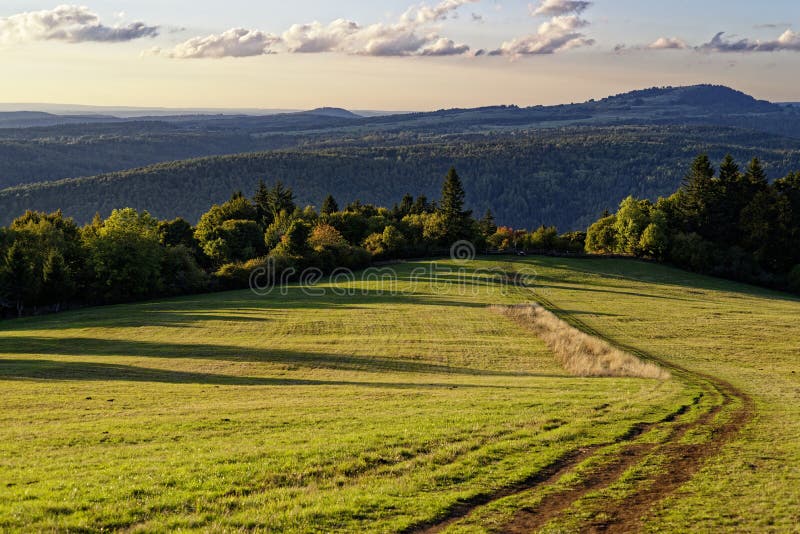 Walking Trail in Meadow of Rolling Hills Landscape Rhoen in Fall by
