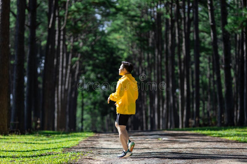 Alergătorul se întinde pentru încălzirea în aer liber pe șoseaua pădurii de pin pentru activități de exerciții fizice și de antren stock photography