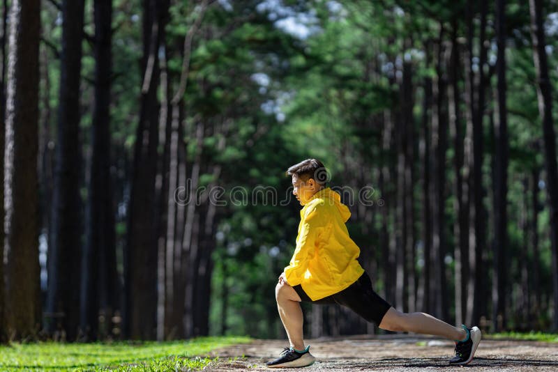 Alergătorul se întinde pentru încălzirea în aer liber pe șoseaua pădurii de pin pentru activități de exerciții fizice și de antren royalty free stock photo